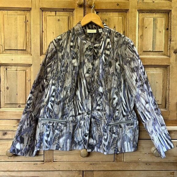 Women's Chico's 3 (US XL / 16) Button Front Jacket Tan Purple Watercolor Pockets - Picture 1 of 7